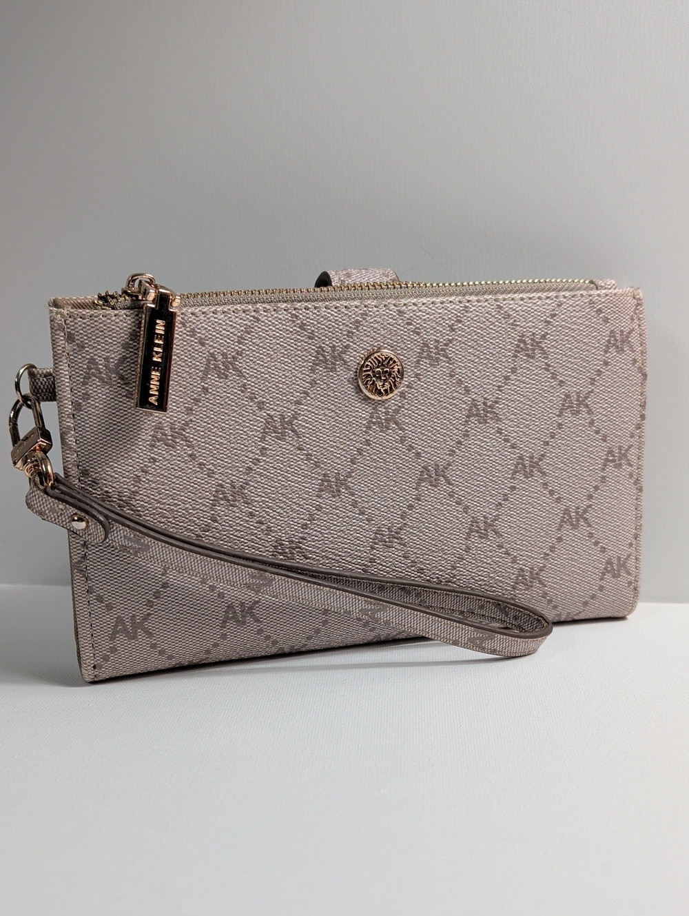 Anne Klein Taupe Monogram Zip-Top Wristlet Wallet